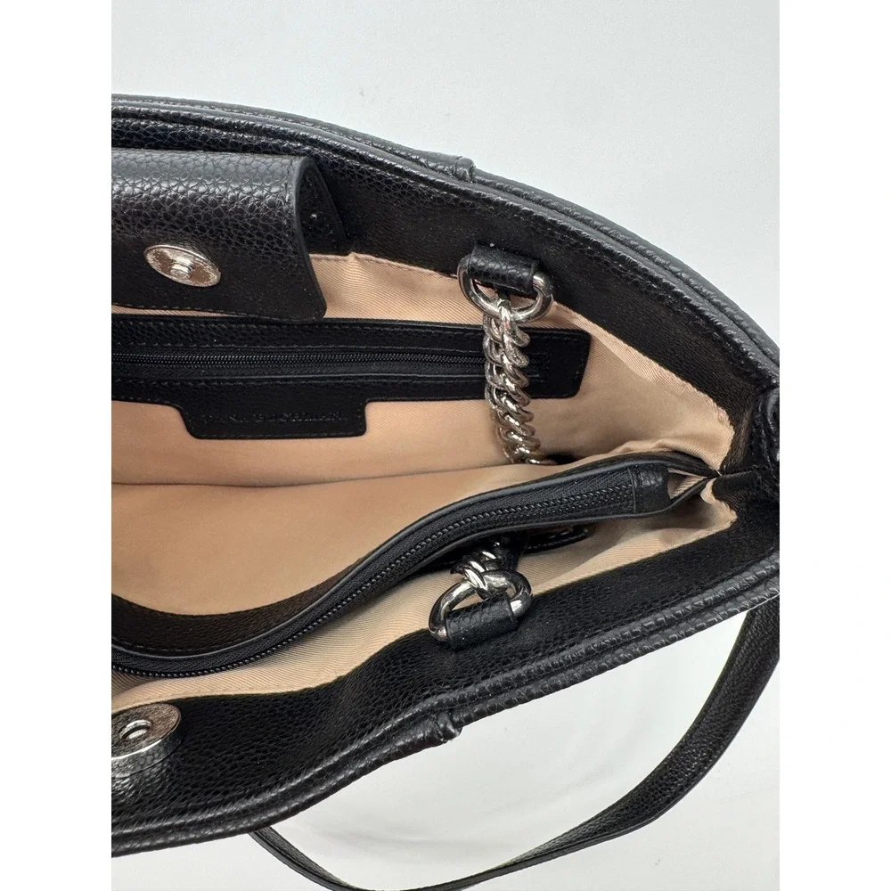 Dana Buchman Handbag Women Medium Black Pebbled Crossbody Tote Silver Chain